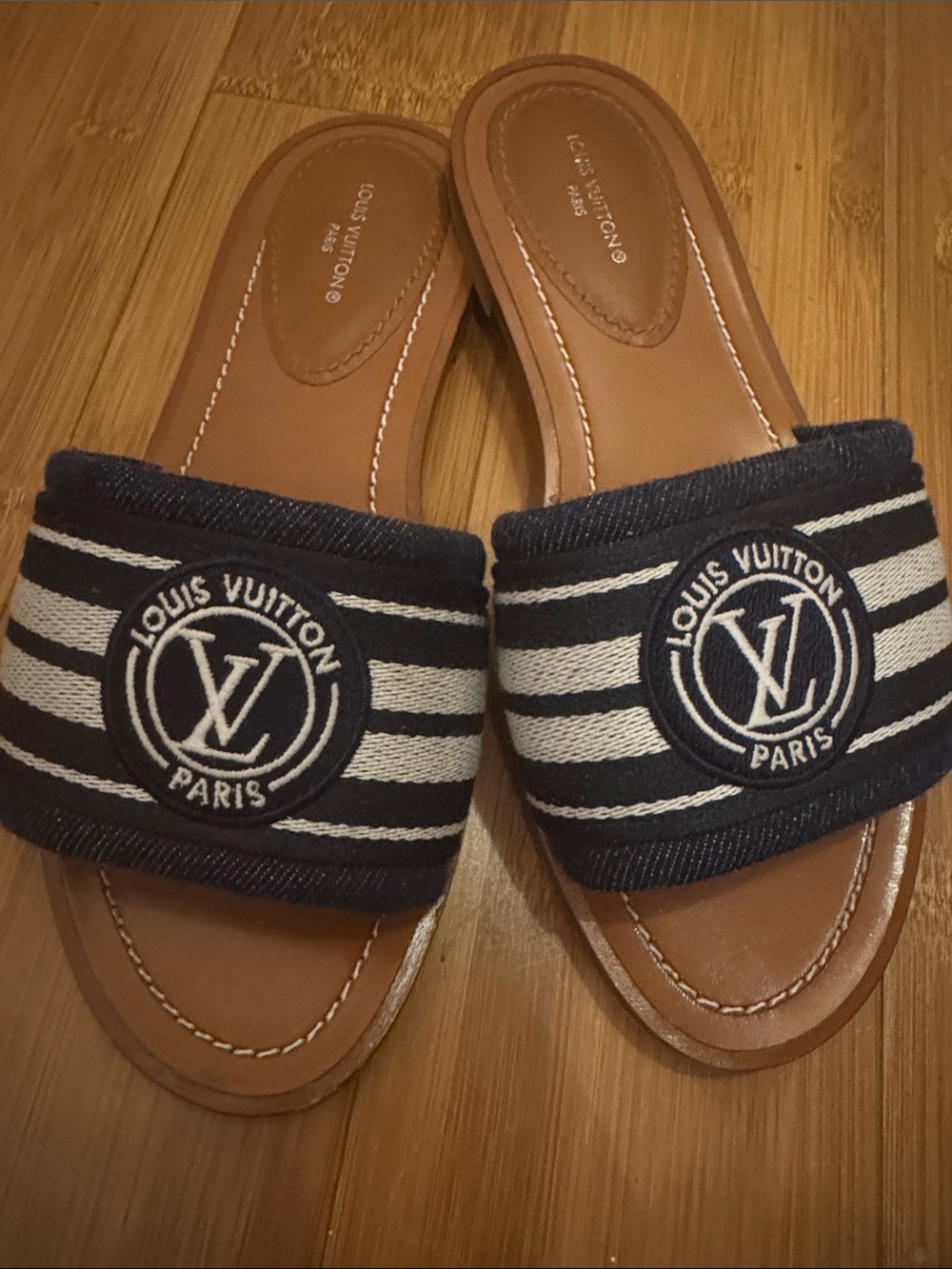 Louis Vuitton Navy & White Striped Slide Sandals with Tan Footbed